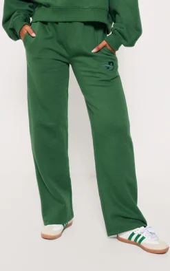 PRETTYLITTLETHING Forest Green Logo Embroidered Wide Leg Sweatpants