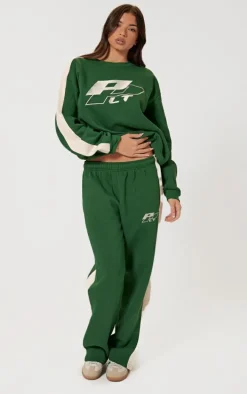 PRETTYLITTLETHING Forest Green Embroidered Contrast Straight Leg Sweatpants