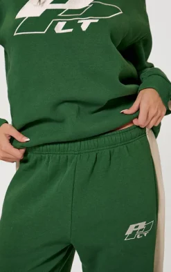 PRETTYLITTLETHING Forest Green Embroidered Contrast Straight Leg Sweatpants