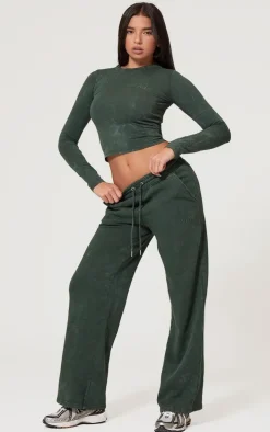 PRETTYLITTLETHING Forest Green Washed Low Rise Oversized Wide Leg Sweatpants