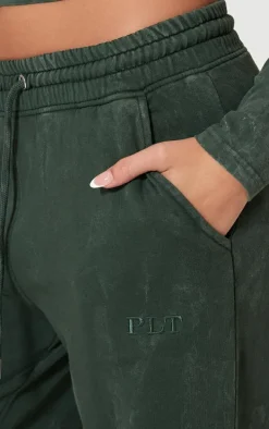 PRETTYLITTLETHING Forest Green Washed Low Rise Oversized Wide Leg Sweatpants