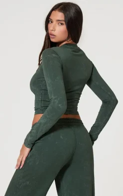 PRETTYLITTLETHING Forest Green Washed Longline Cotton Long Sleeve Fitted T-shirt