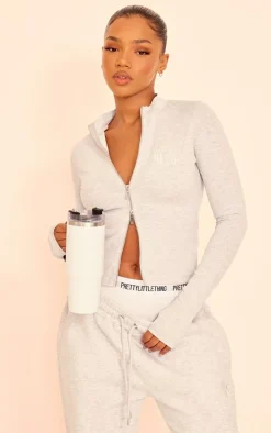 PRETTYLITTLETHING Grey Marl Embroidered Graphic Zip Up Long Top