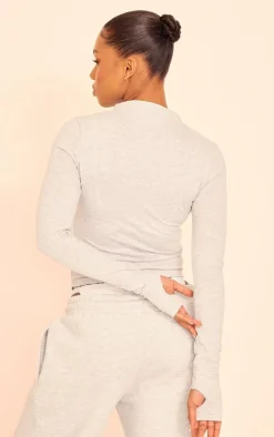 PRETTYLITTLETHING Grey Marl Embroidered Graphic Zip Up Long Top