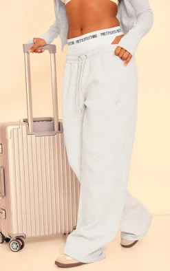 PRETTYLITTLETHING Grey Marl Embroidered Graphic Wide Leg Sweatpants