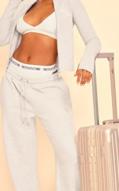 PRETTYLITTLETHING Grey Marl Embroidered Graphic Wide Leg Sweatpants