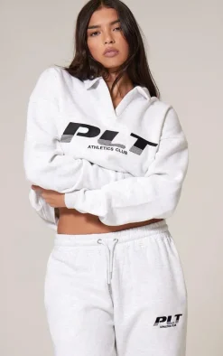 PRETTYLITTLETHING Grey Marl Athletics Club Embroidered Wide Leg Sweatpants