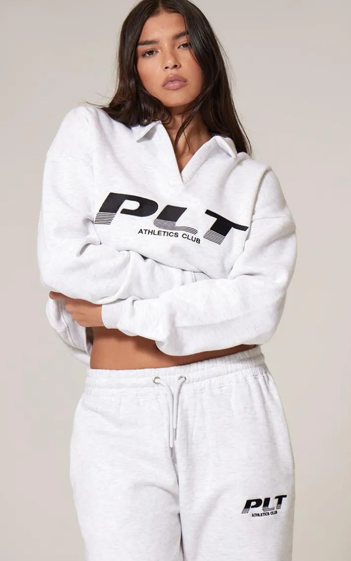 PRETTYLITTLETHING Grey Marl Athletics Club Embroidered Wide Leg Sweatpants