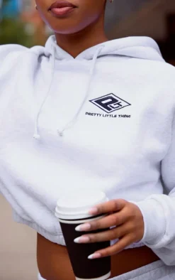 PRETTYLITTLETHING Grey Marl Embroidered Cinched Waist Cropped Hoodie