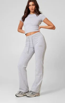 PRETTYLITTLETHING Grey Marl Badge Low Rise Straight Leg Pants