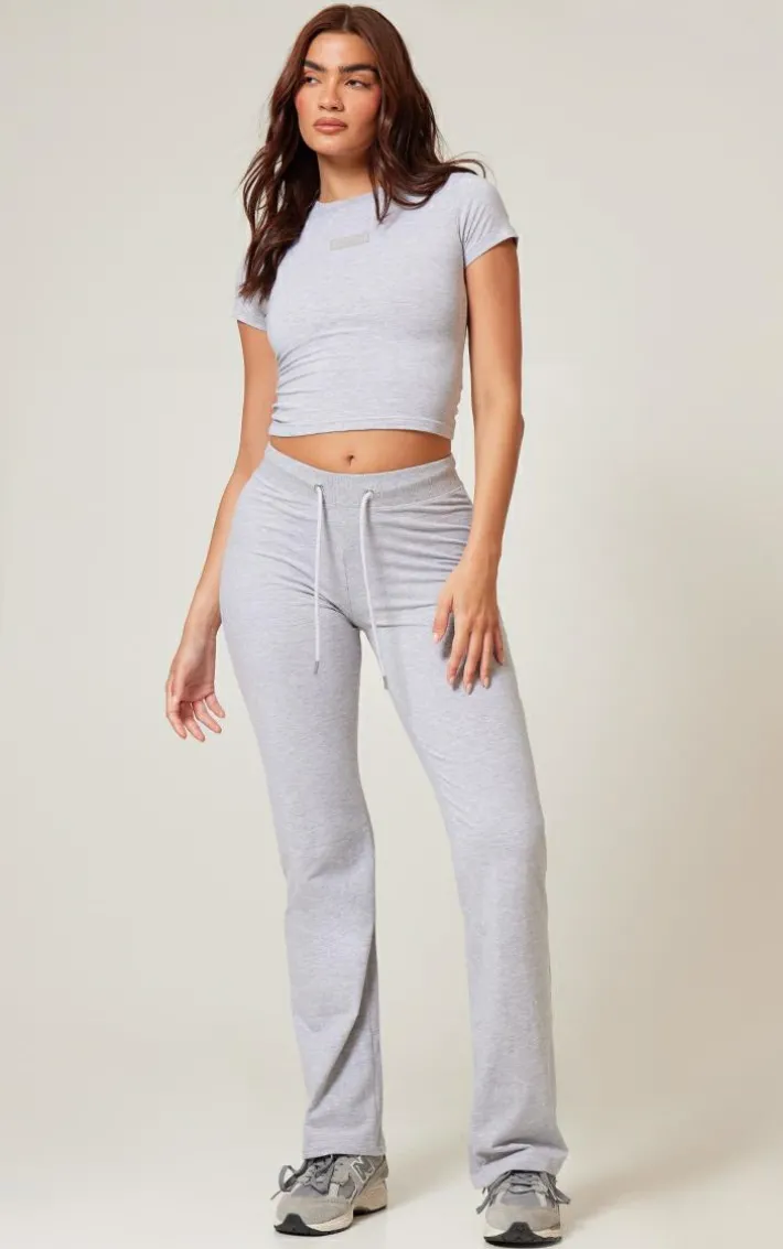 PRETTYLITTLETHING Grey Marl Badge Longline Fitted T Shirt