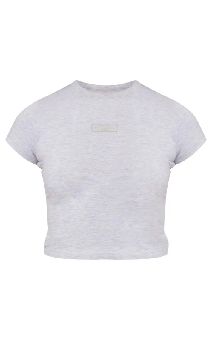 PRETTYLITTLETHING Grey Marl Badge Longline Fitted T Shirt