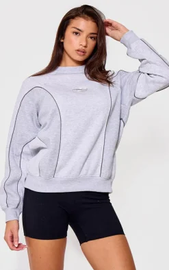 PRETTYLITTLETHING Grey Marl Embroidered Contrast Binding Sweatshirt