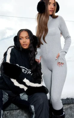 PRETTYLITTLETHING Grey Ribbed Knit Ski Base Layer Jumpsuit