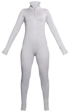 PRETTYLITTLETHING Grey Ribbed Knit Ski Base Layer Jumpsuit
