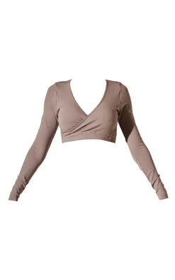 PRETTYLITTLETHING Grey Sport Seamless Cross Front Long Sleeve Crop Top