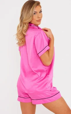 PRETTYLITTLETHING Hot Pink Contrast Piping Short Pj Set