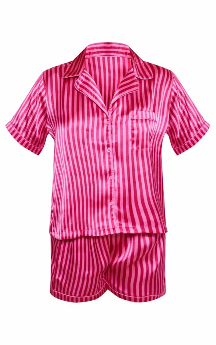 PRETTYLITTLETHING Hot Pink Satin Stripe Piping Short Pajama Set