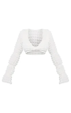 PRETTYLITTLETHING Ivory Bubble Textured Long Sleeve Beach Top