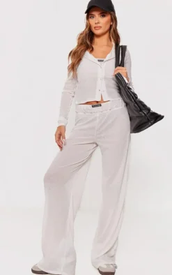 PRETTYLITTLETHING Ivory Sheer Burnout Mesh Straight Leg Pants
