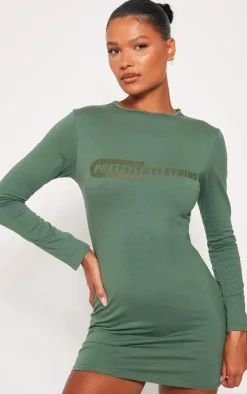 PRETTYLITTLETHING Khaki Cotton Long Sleeve Bodycon Dress