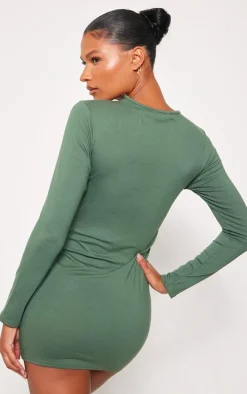 PRETTYLITTLETHING Khaki Cotton Long Sleeve Bodycon Dress