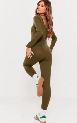 PRETTYLITTLETHING Khaki Embroidered Scoop Neck Jumpsuit