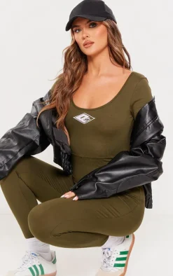 PRETTYLITTLETHING Khaki Embroidered Scoop Neck Jumpsuit