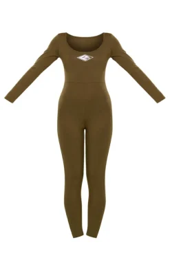 PRETTYLITTLETHING Khaki Embroidered Scoop Neck Jumpsuit