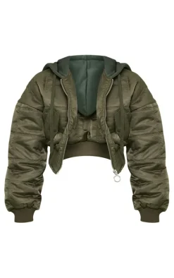 PRETTYLITTLETHING Khaki Graphic Back Jersey Hooded Bomber Jacket