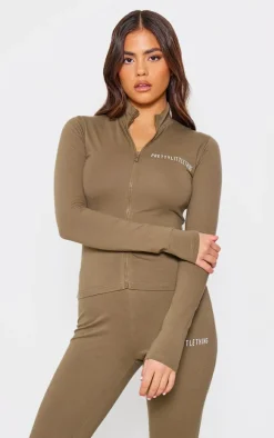 PRETTYLITTLETHING Khaki Jersey Zip Through Long Sleeve Top