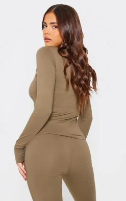 PRETTYLITTLETHING Khaki Jersey Zip Through Long Sleeve Top