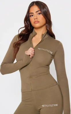 PRETTYLITTLETHING Khaki Jersey Zip Through Long Sleeve Top