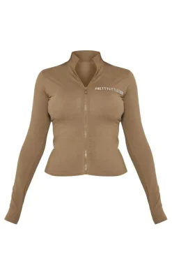 PRETTYLITTLETHING Khaki Jersey Zip Through Long Sleeve Top