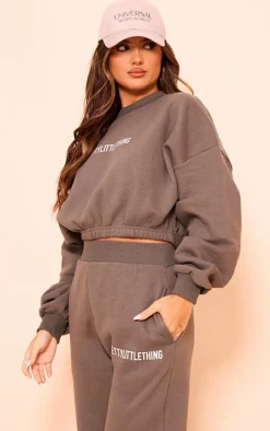 PRETTYLITTLETHING Khaki Logo Oversized Cinched Cropped Sweatshirt