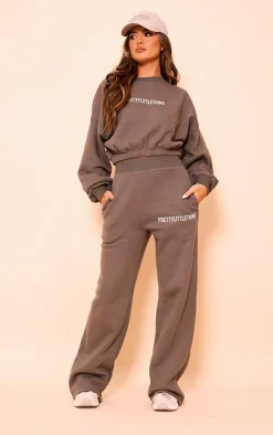 PRETTYLITTLETHING Khaki Logo Oversized Cinched Cropped Sweatshirt