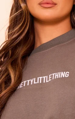 PRETTYLITTLETHING Khaki Logo Oversized Cinched Cropped Sweatshirt