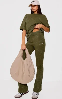 PRETTYLITTLETHING Khaki Print Washed High Waist Flared Pants