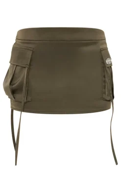 PRETTYLITTLETHING Khaki Satin Cargo Micro Mini Skirt
