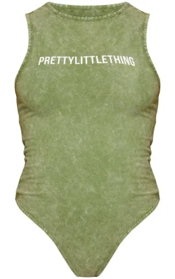 PRETTYLITTLETHING Khaki Wash Racer Bodysuit