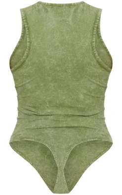 PRETTYLITTLETHING Khaki Wash Racer Bodysuit