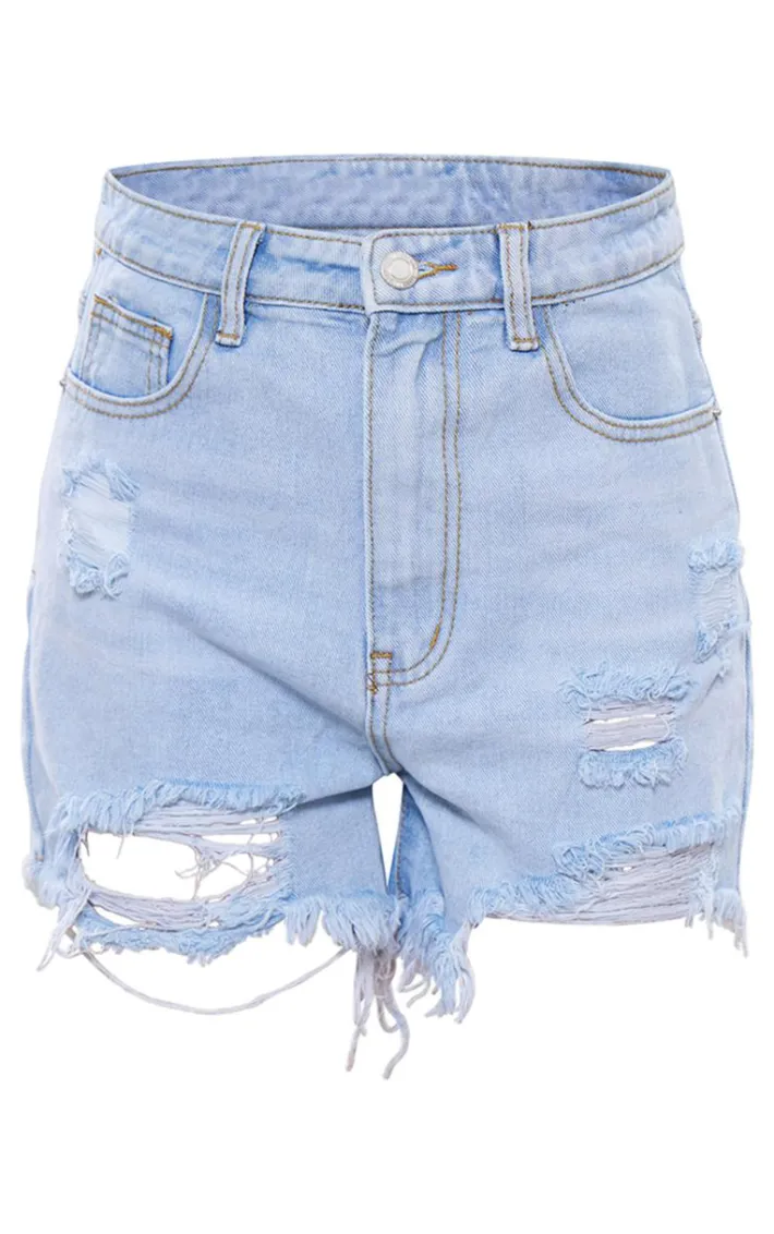 PRETTYLITTLETHING Light Blue Wash Ripped Denim Shorts