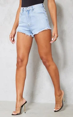 PRETTYLITTLETHING Light Blue Wash Frayed Hem Denim Shorts