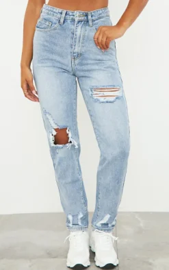 PRETTYLITTLETHING Light Blue Wash Open Knee Ripped Hem Mom Jeans