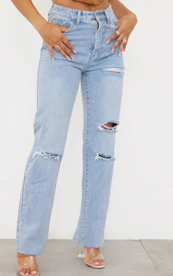 PRETTYLITTLETHING Light Blue Wash Ripped Long Leg Straight Jeans