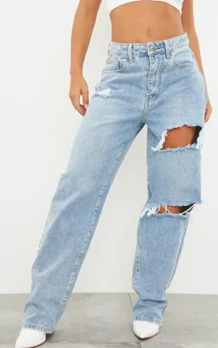 PRETTYLITTLETHING Light Blue Wash Open Knee Boyfriend Jeans