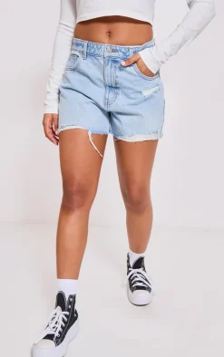 PRETTYLITTLETHING Light Blue Distressed High Rise Mom Denim Shorts
