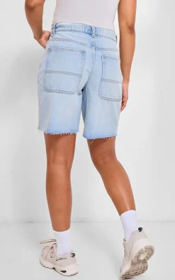 PRETTYLITTLETHING Light Blue Wash Raw Hem Longline Loose Fit Denim Shorts