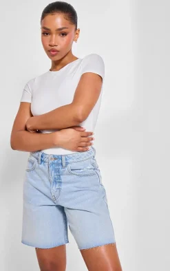 PRETTYLITTLETHING Light Blue Wash Raw Hem Longline Loose Fit Denim Shorts