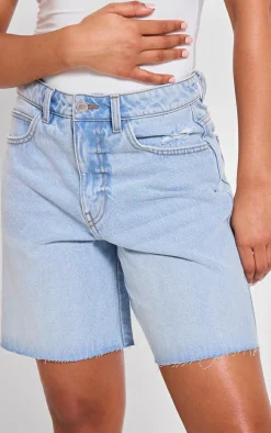 PRETTYLITTLETHING Light Blue Wash Raw Hem Longline Loose Fit Denim Shorts